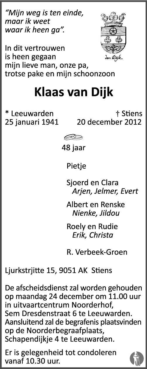 Klaas Van Dijk 20 12 2012 Overlijdensbericht En Condoleances