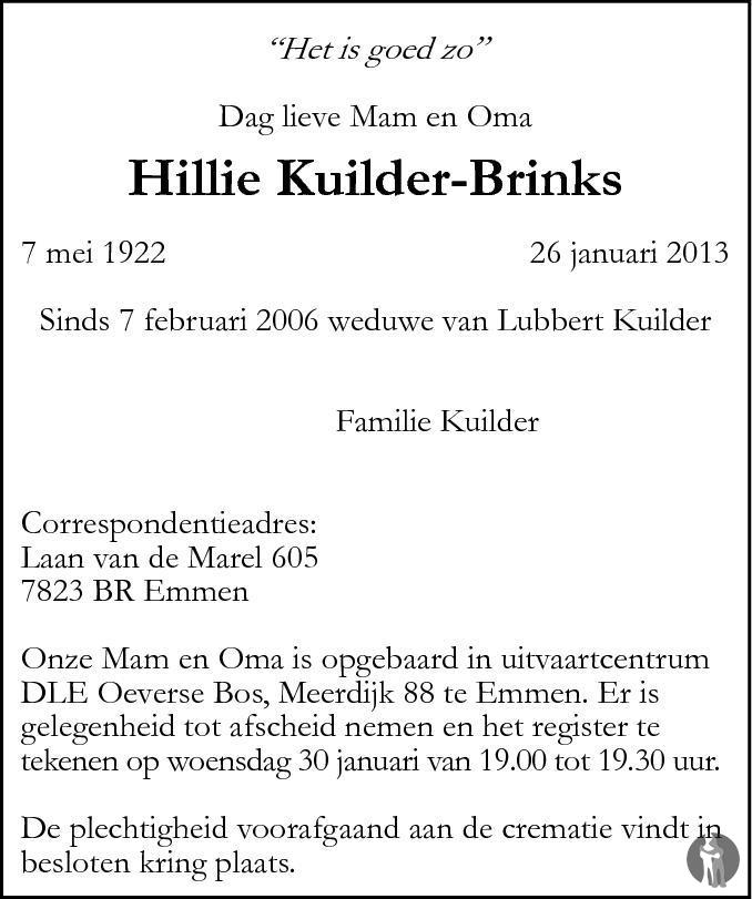 Hillie Kuilder Brinks 26 01 2013 Overlijdensbericht En Condoleances