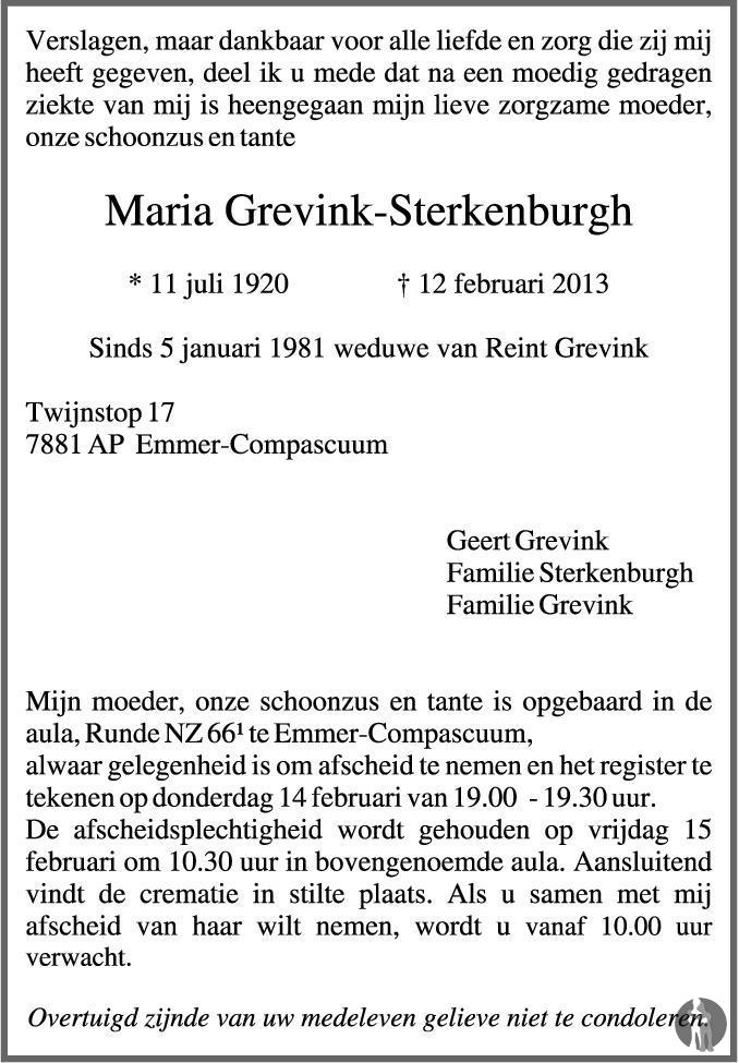 Maria Grevink Sterkenburgh 12 02 2013 Overlijdensbericht En