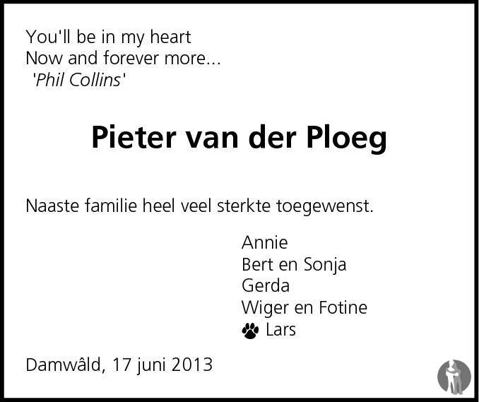 Piet Van Der Ploeg 17 06 2013 Overlijdensbericht En Condoleances