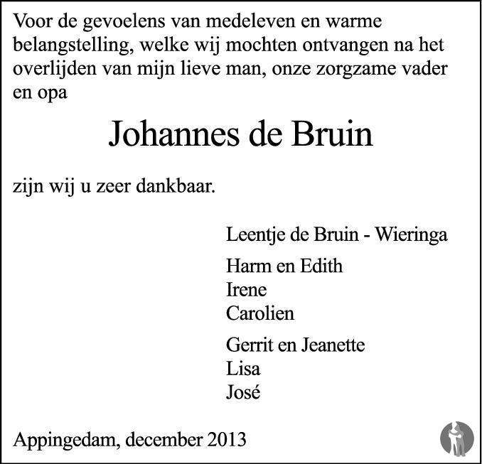 Johannes De Bruin 21 11 2013 Overlijdensbericht En Condoleances