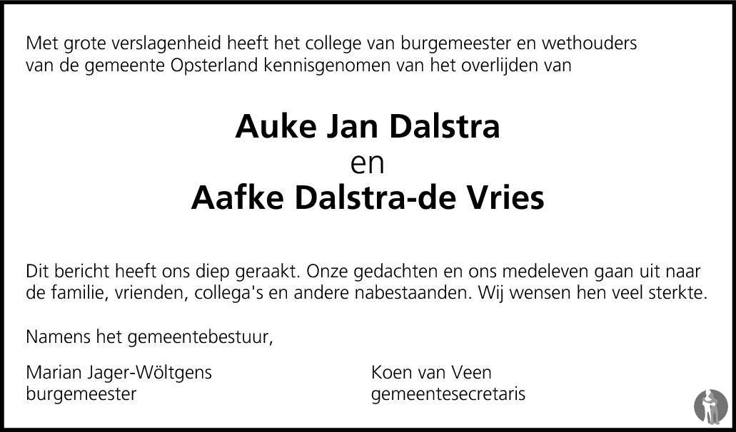 Auke En Aafke Dalstra De Vries 17 07 2014 Overlijdensbericht En