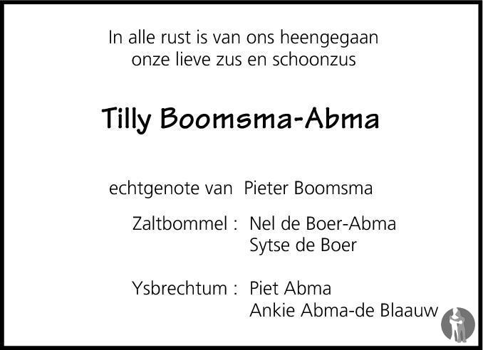 Mathilde Tilly Boomsma Abma 22 03 2015 Overlijdensbericht En