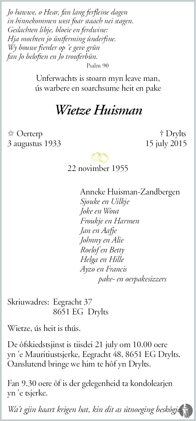 Wietze Huisman 15 07 2015 Overlijdensbericht En Condoleances