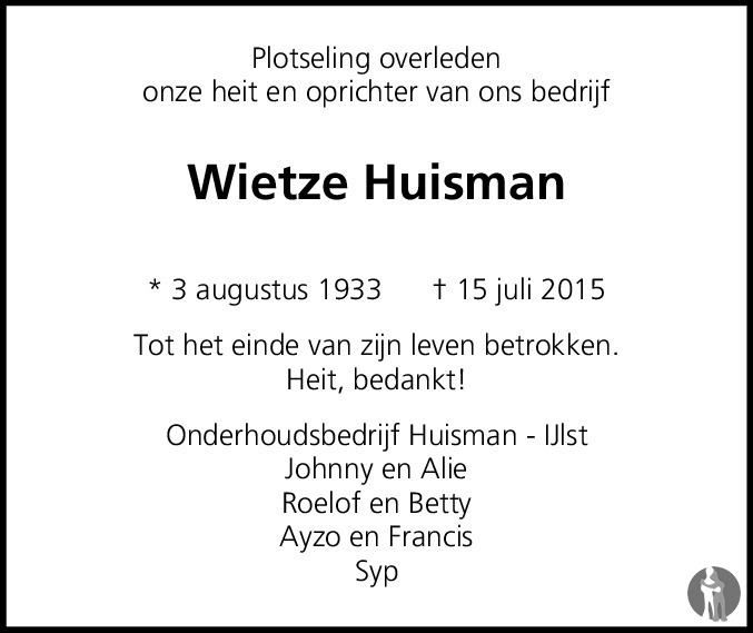 Wietze Huisman Overlijdensbericht En Condoleances