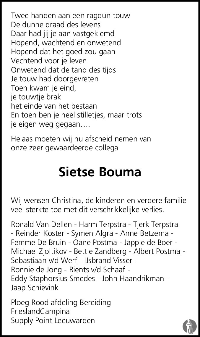 Sijtze Sjoerd Sietse Bouma 20 07 2015 Overlijdensbericht En