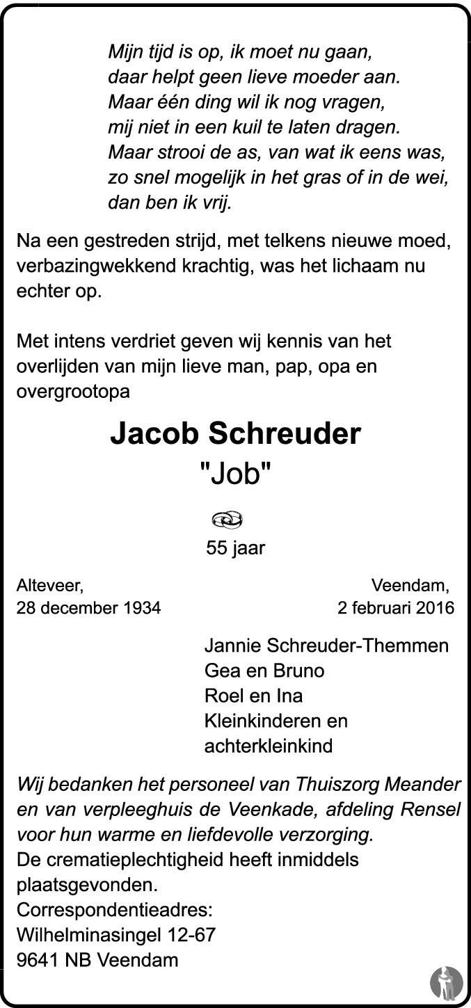 Jacob Job Schreuder 02 02 2016 Overlijdensbericht En Condoleances