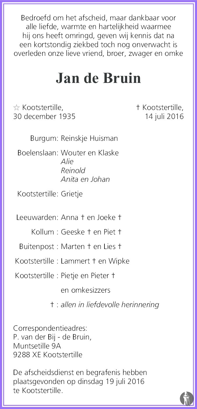 Jan De Bruin 14 07 2016 Overlijdensbericht En Condoleances Mensenlinq Nl