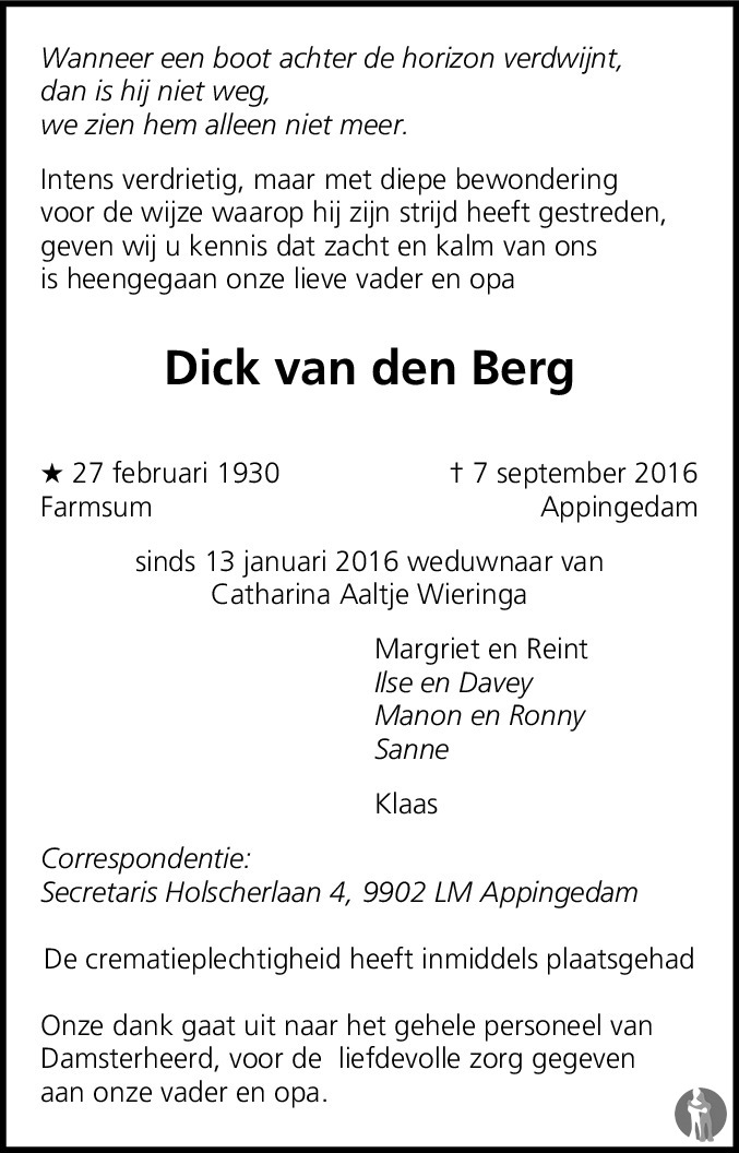 Dick Van Den Berg Overlijdensbericht En Condoleances