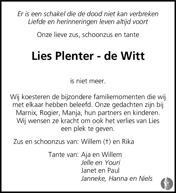 Elisabeth Kornelsje Plenter De Witt Overlijdensbericht En