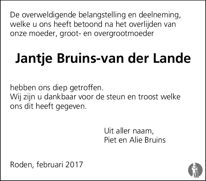 Jantje Bruins Van Der Lande Overlijdensbericht En