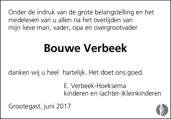 Bouwe Verbeek 14 04 2017 Overlijdensbericht En Condoleances Mensenlinq Nl