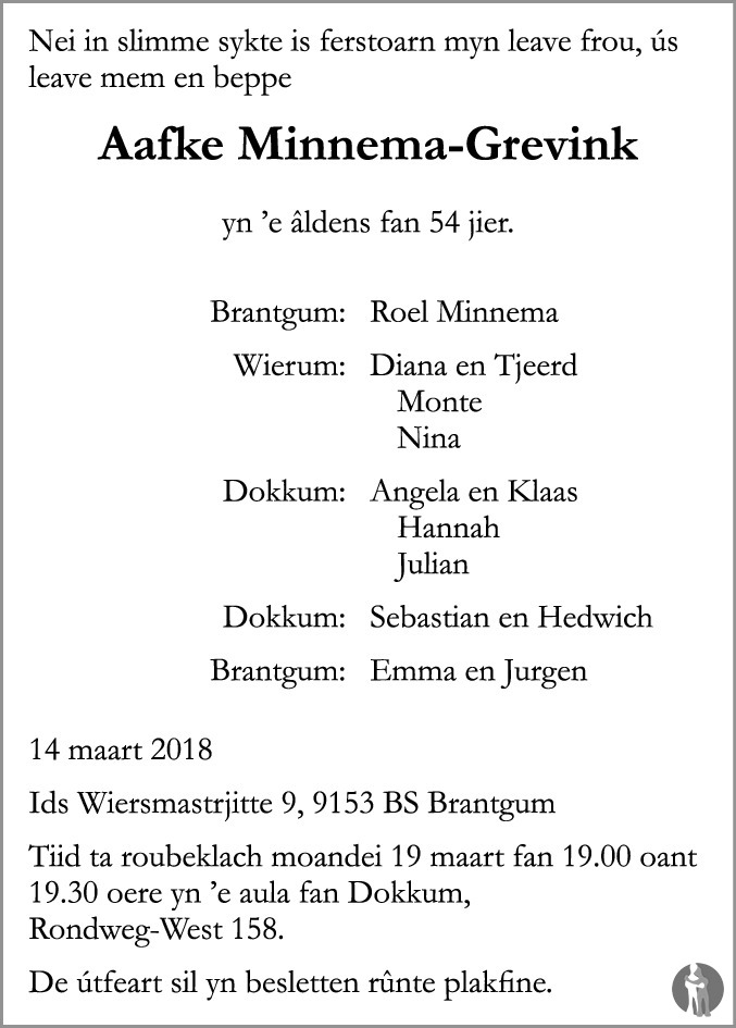Aafke Minnema Grevink 14 03 2018 Overlijdensbericht En Condoleances