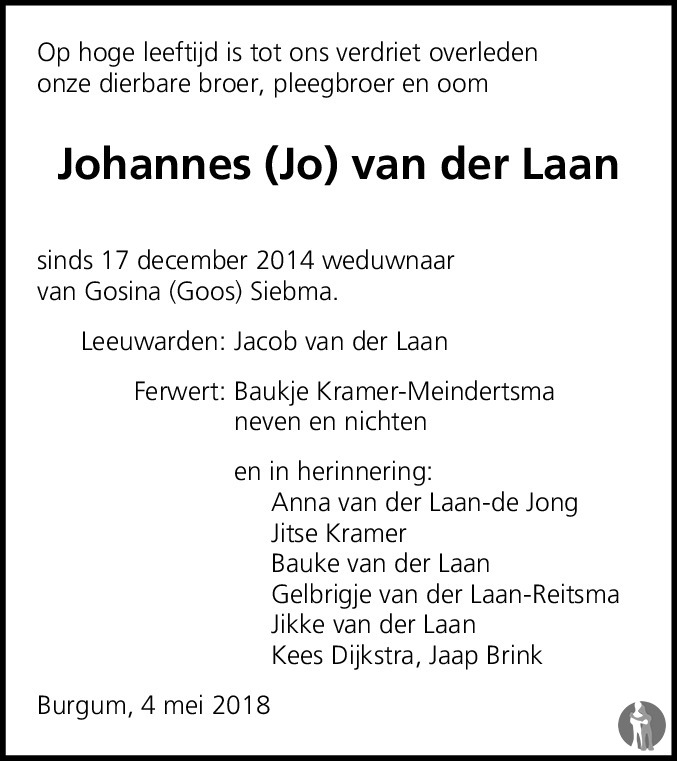 Johannes Jo De Rover Van Der Laan Overlijdensbericht En