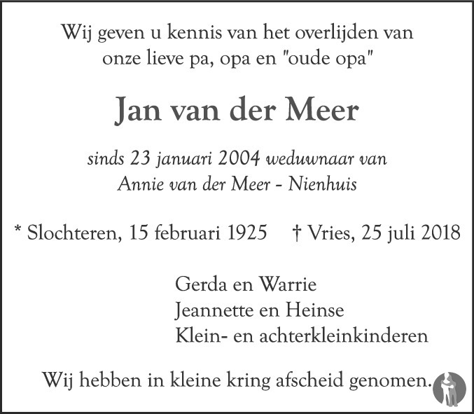 Jan Van Der Meer 25 07 2018 Overlijdensbericht En Condoleances