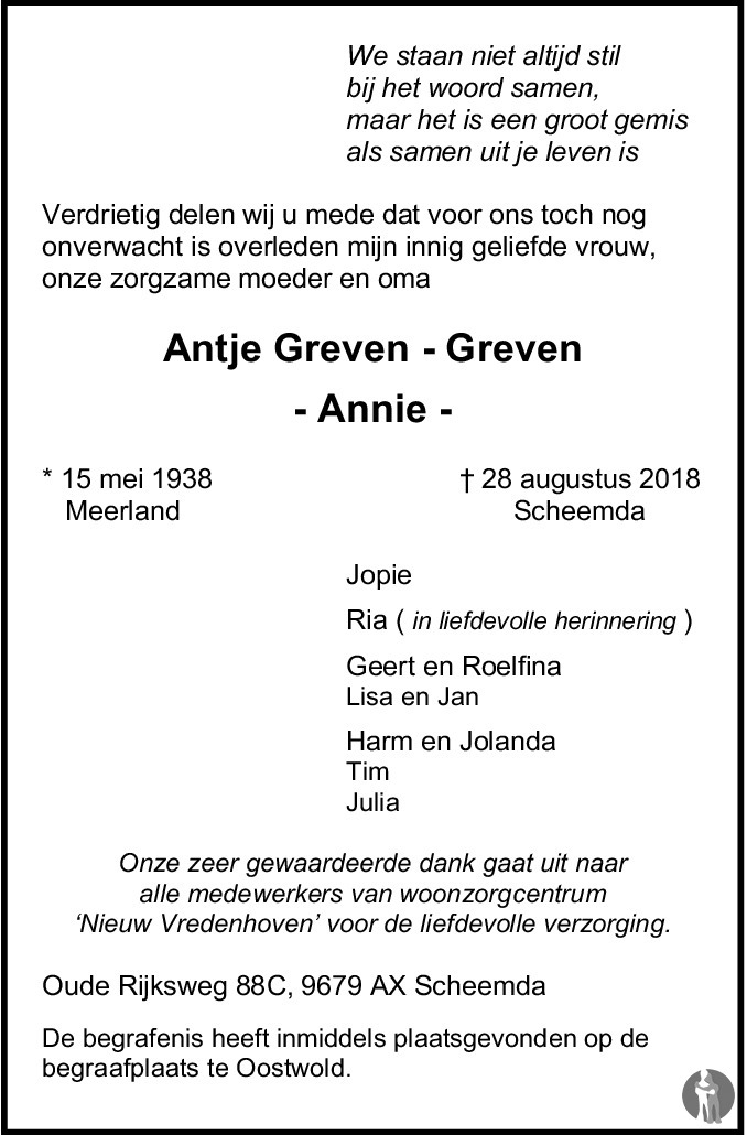 Antje Annie Greven Greven 28 08 2018 Overlijdensbericht En