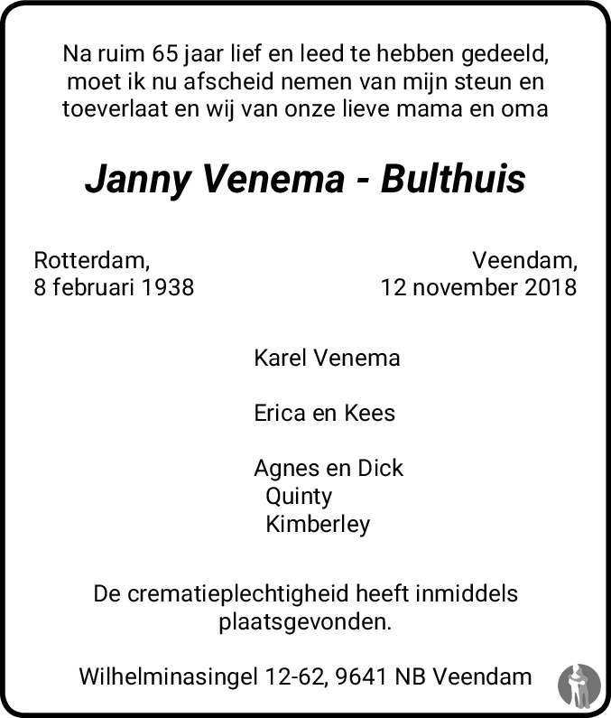 Janny Venema Bulthuis Overlijdensbericht En Condoleances