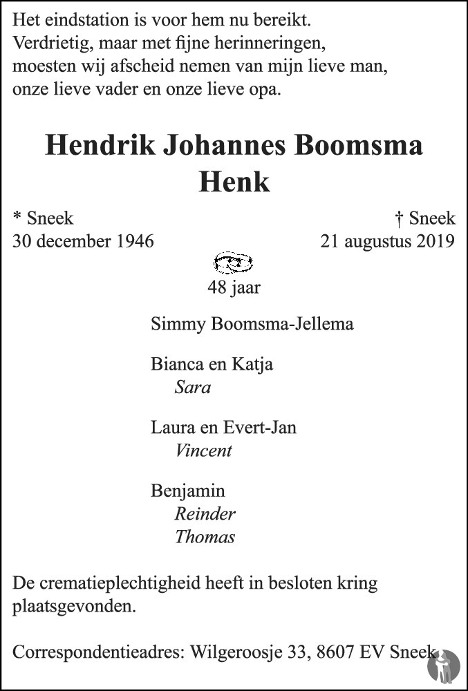 Hendrik Johannes Henk Boomsma 21 08 2019 Overlijdensbericht En