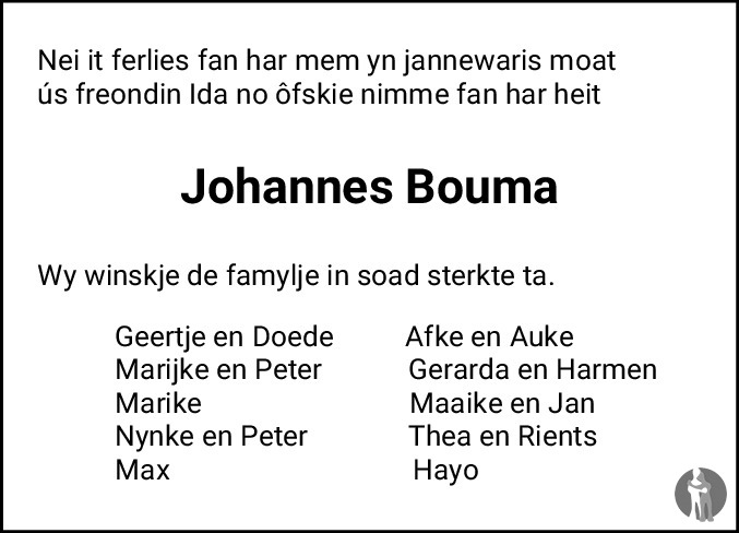 Johannes Bouma Overlijdensbericht En Condoleances