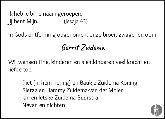 Gerrit Zuidema 10 01 2020 Overlijdensbericht En Condoleances