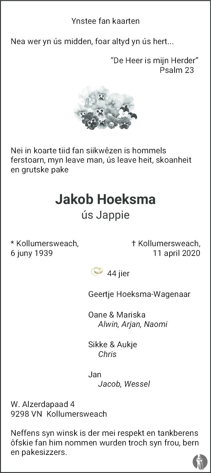 Jakob Hoeksma Overlijdensbericht En Condoleances Mensenlinq Nl