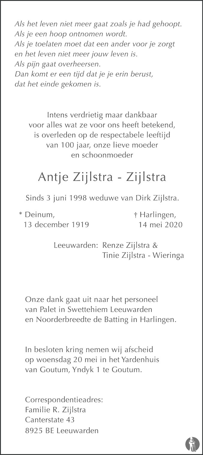 Antje Zijlstra Zijlstra 14 05 2020 Overlijdensbericht En Condoleances