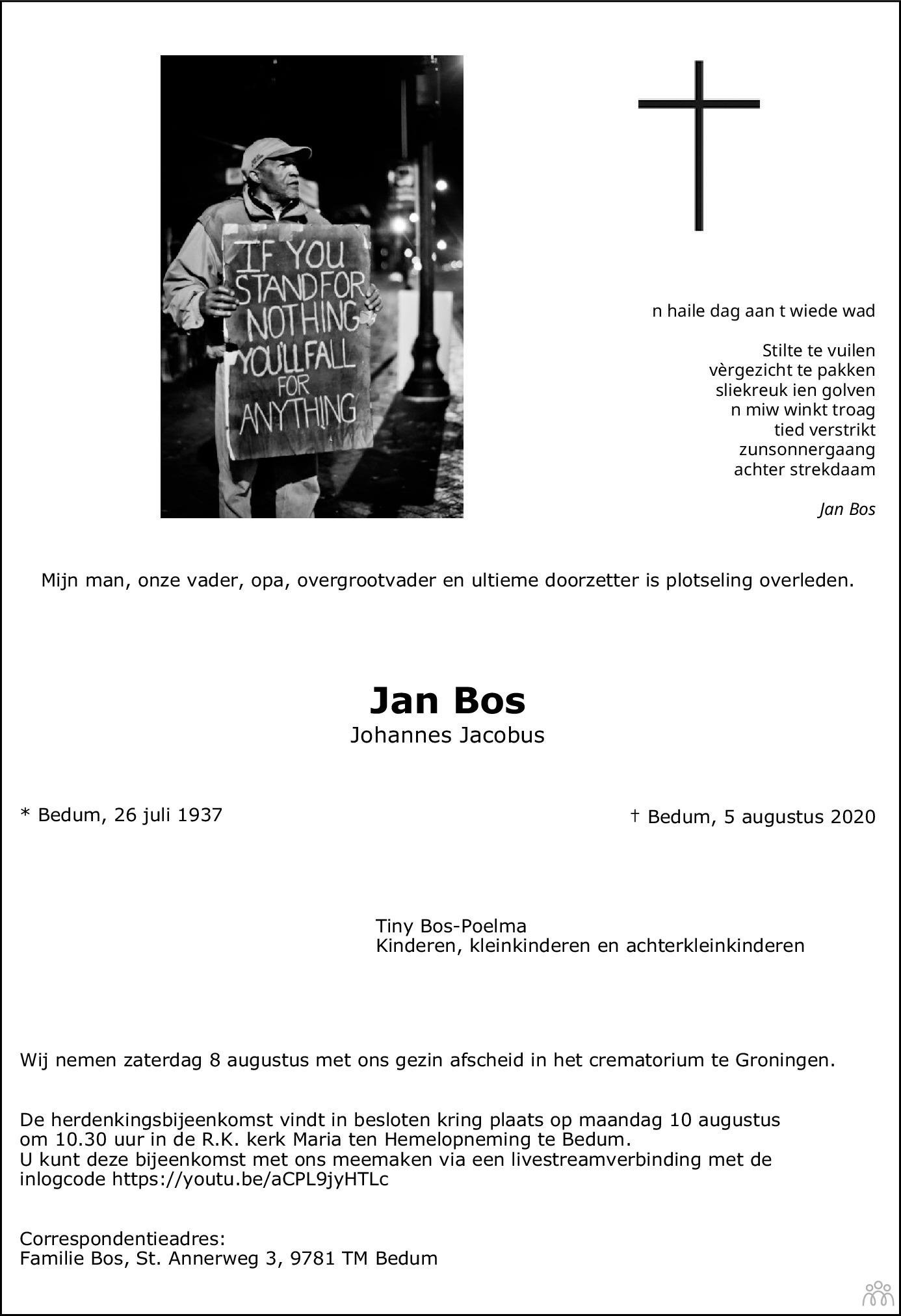 Johannes Jacobus Jan Bos Overlijdensbericht En