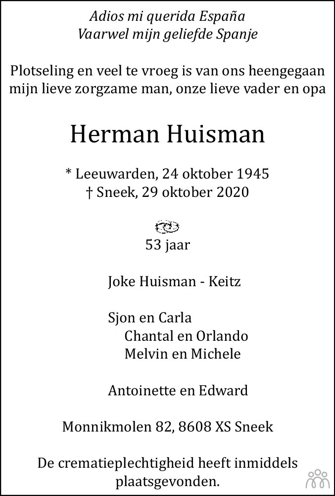 Herman Huisman Overlijdensbericht En Condoleances