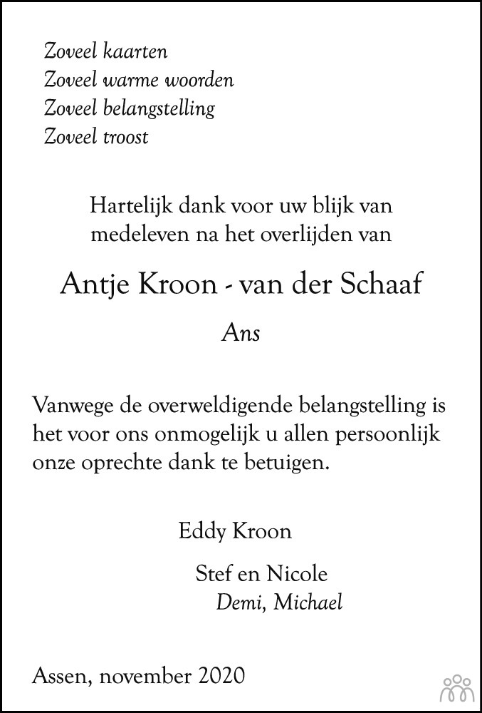 Antje Kroon Van Der Schaaf 01 10 2020 Overlijdensbericht En