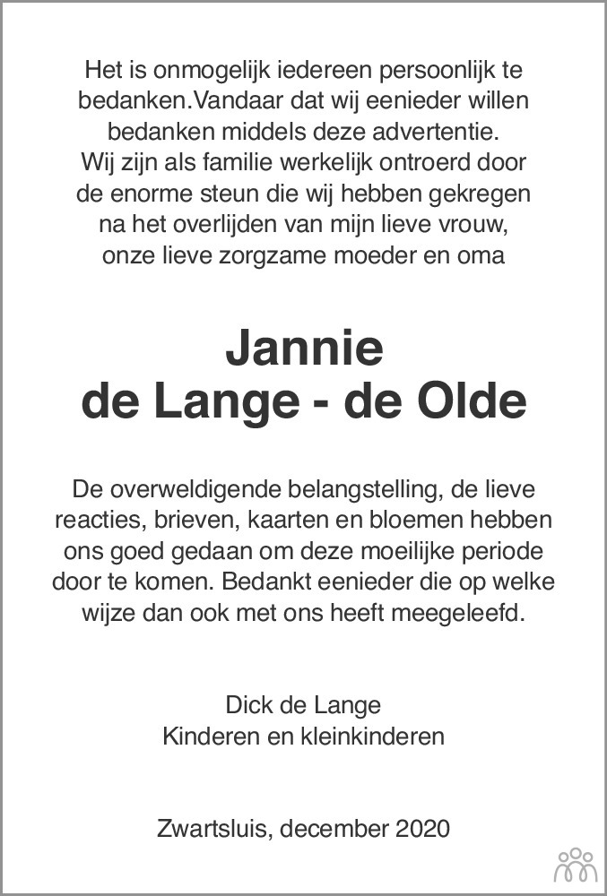 Jannie De Lange De Olde Overlijdensbericht En Condoleances My Xxx Hot