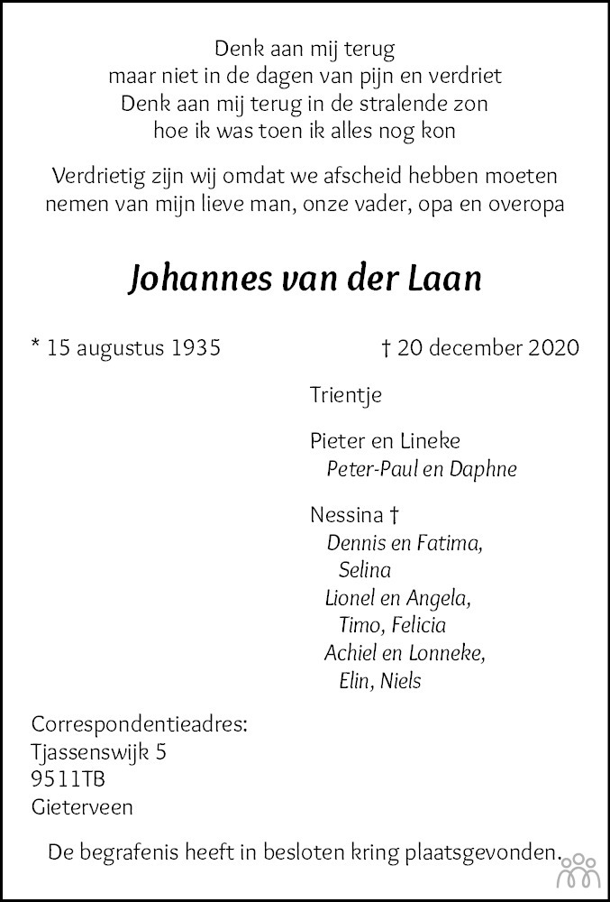 Johannes Van Der Laan 20 12 2020 Overlijdensbericht En Condoleances