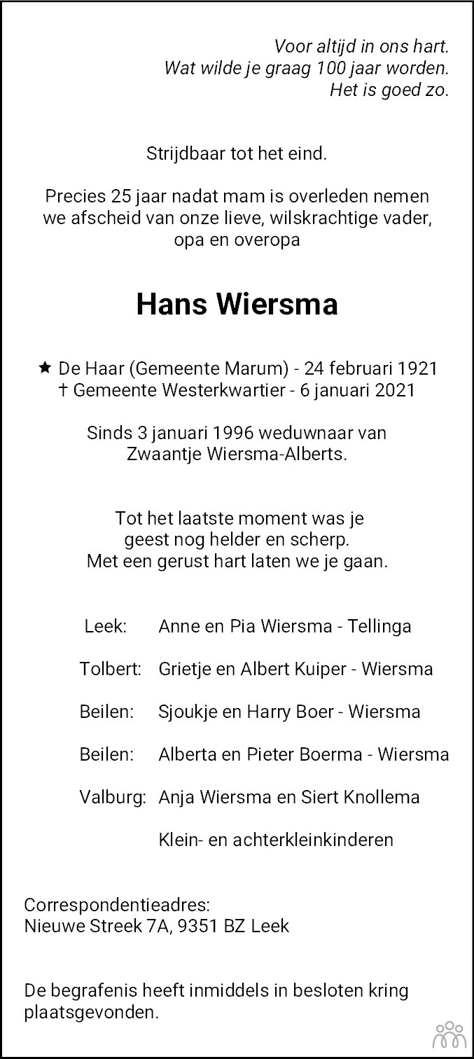 Hans Wiersma 06 01 2021 Overlijdensbericht En Condoleances Mensenlinq Nl