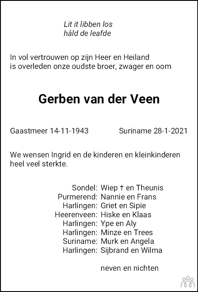 Gerben Van Der Veen 28 01 2021 Overlijdensbericht En Condoleances