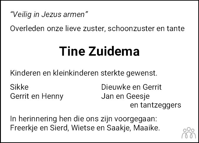 Tine Zuidema Overlijdensbericht En Condoleances Mensenlinq Nl