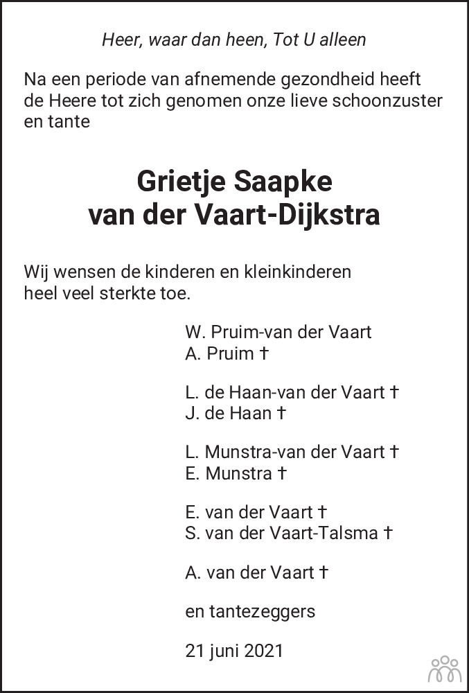 Grietje Saapke Van Der Vaart Dijkstra Overlijdensbericht En