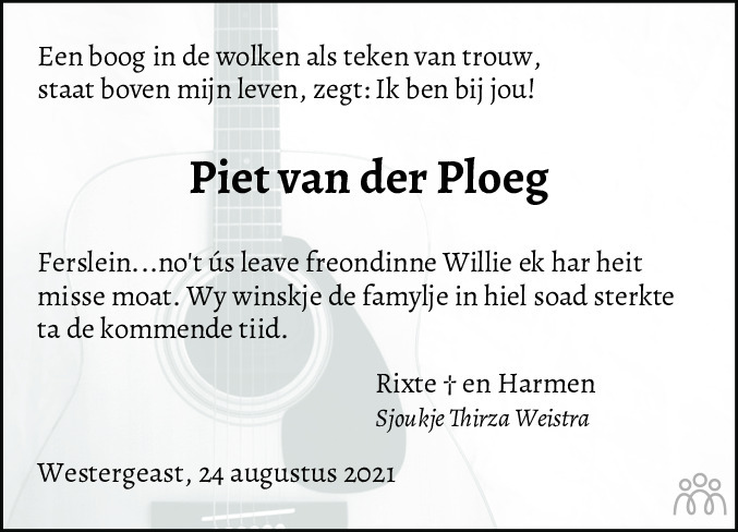 Piet Van Der Ploeg Overlijdensbericht En Condoleances