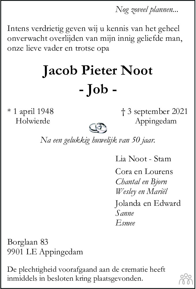 Jacob Pieter Job Noot 03 09 2021 Overlijdensbericht En Condoleances