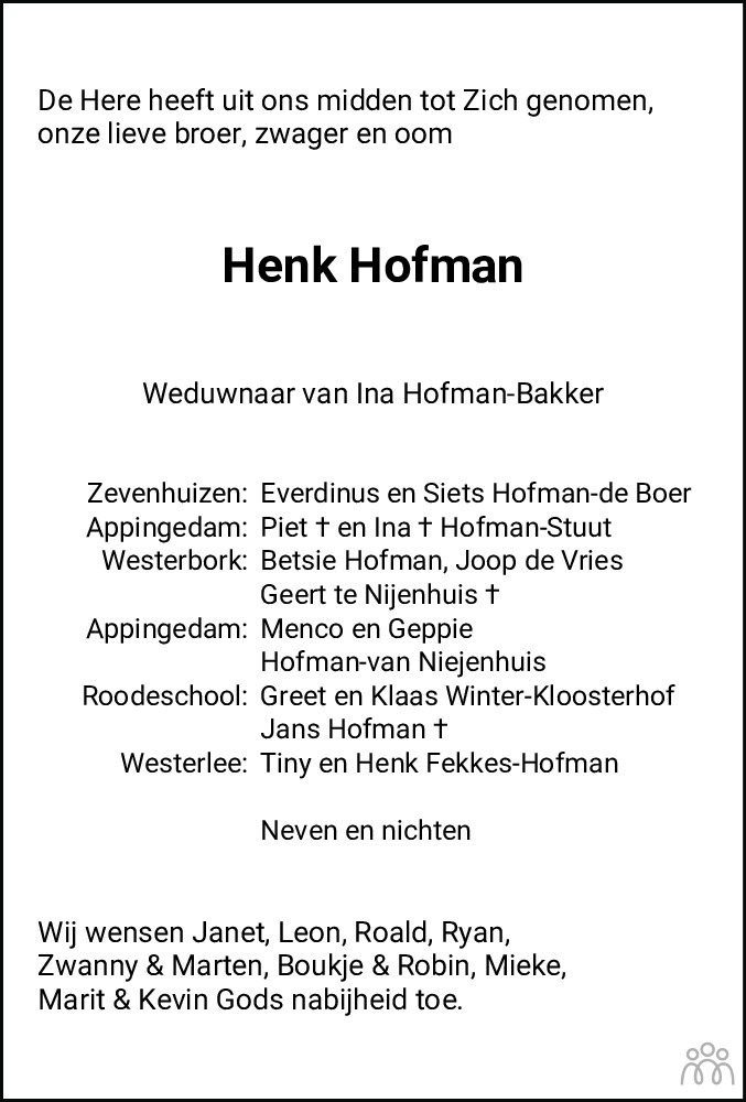 Hendrik Henk Hofman Overlijdensbericht En Condoleances