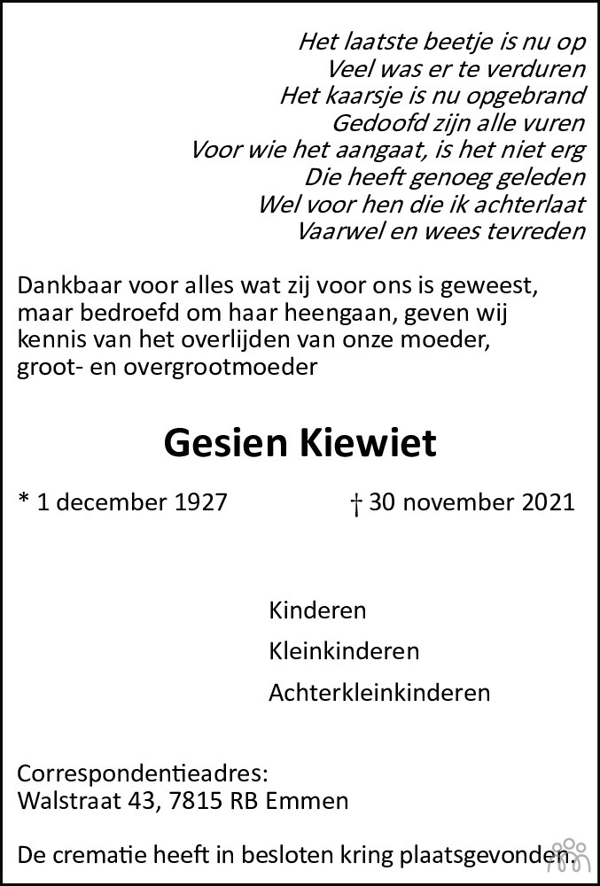 Geesien Kiewiet 30 11 2021 Overlijdensbericht En Condoleances