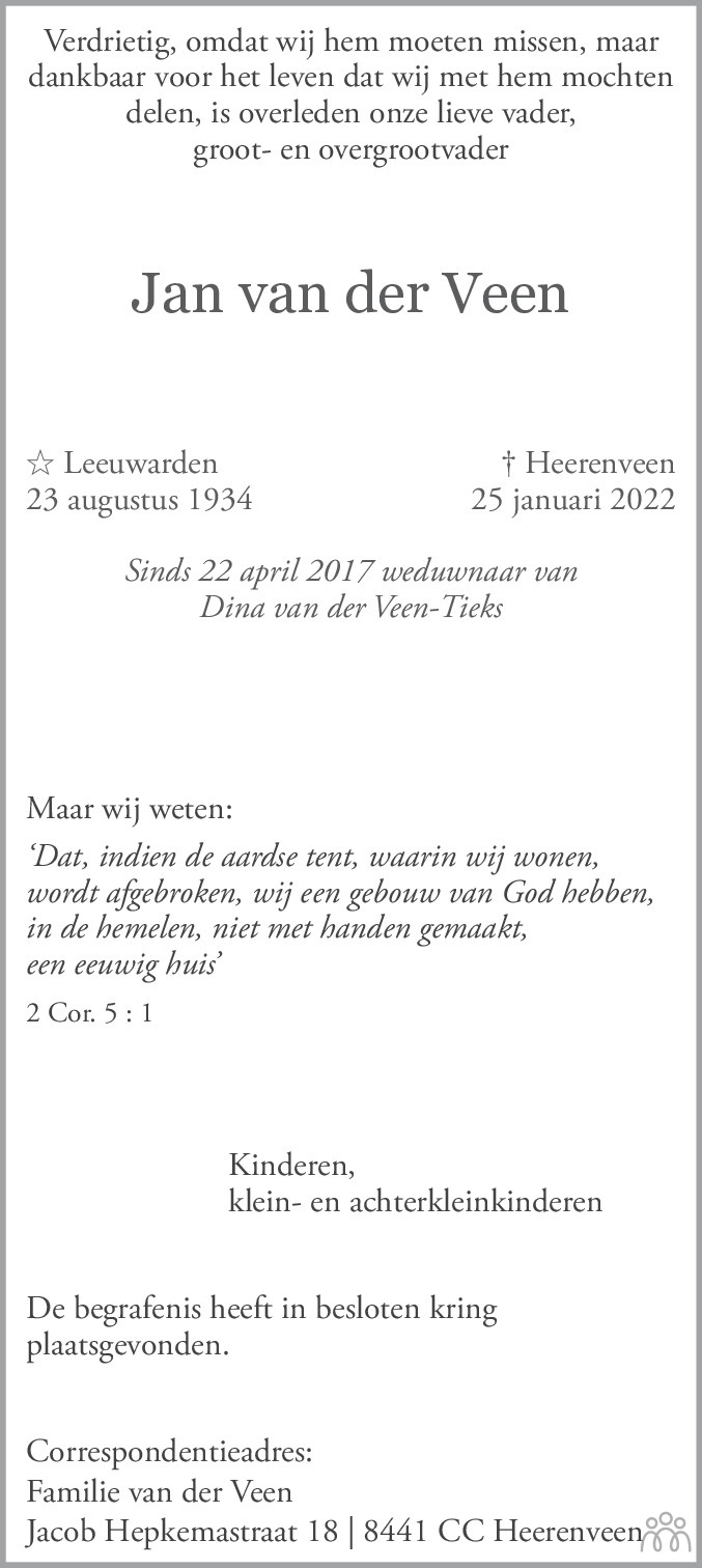 Jan Van Der Veen Overlijdensbericht En Condoleances