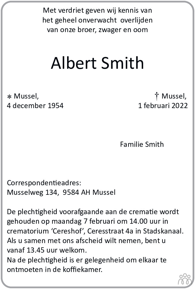 Albert Smith Overlijdensbericht En Condoleances Mensenlinq Nl