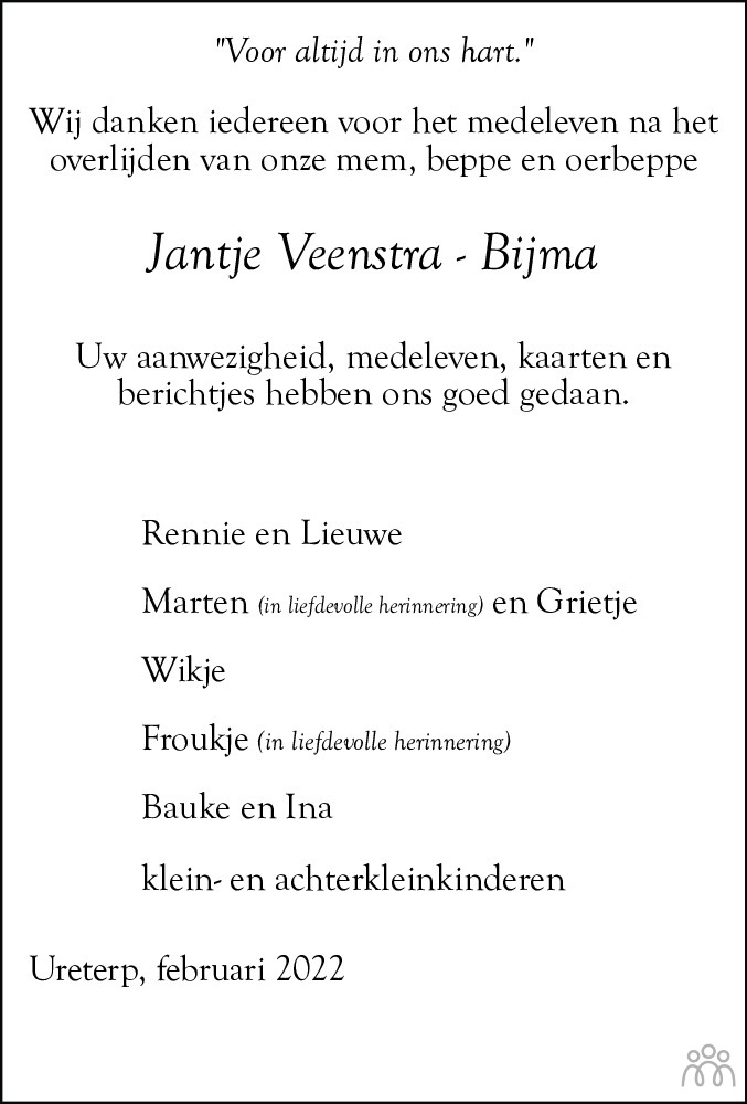 Jantje Veenstra Bijma 26 12 2021 Overlijdensbericht En Condoleances