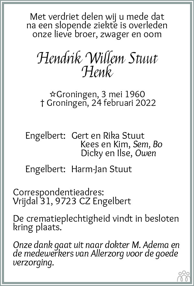 Hendrik Willem Henk Stuut Overlijdensbericht En