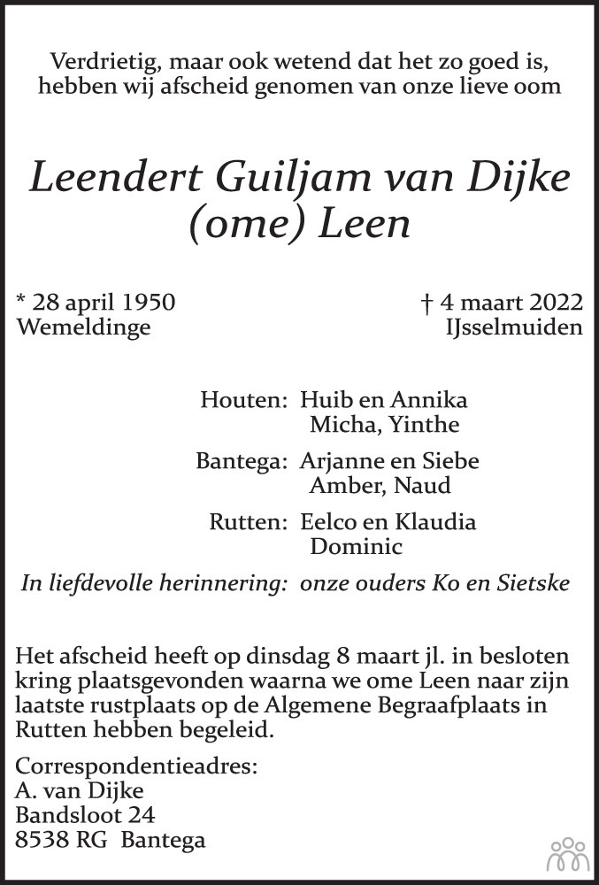 Leendert Guiljam Ome Leen Van Dijke Overlijdensbericht En