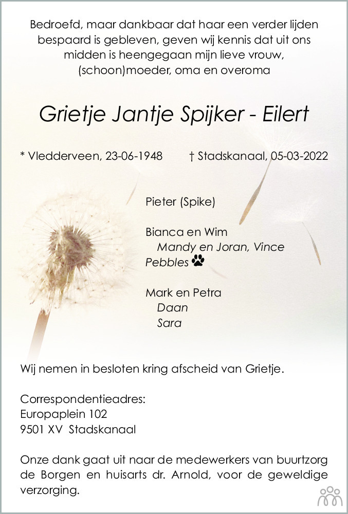 Grietje Jantje Spijker Eilert 05 03 2022 Overlijdensbericht En
