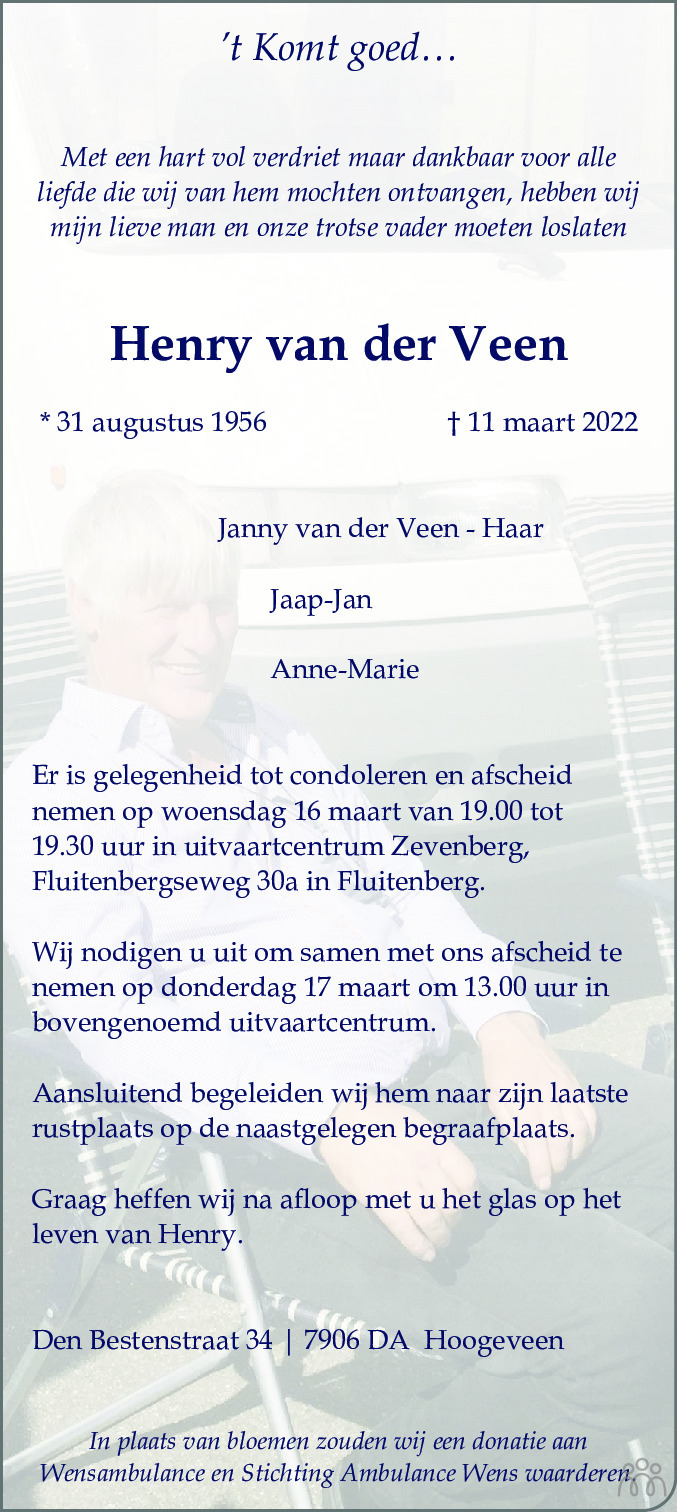 Henry Van Der Veen 11 03 2022 Overlijdensbericht En Condoleances