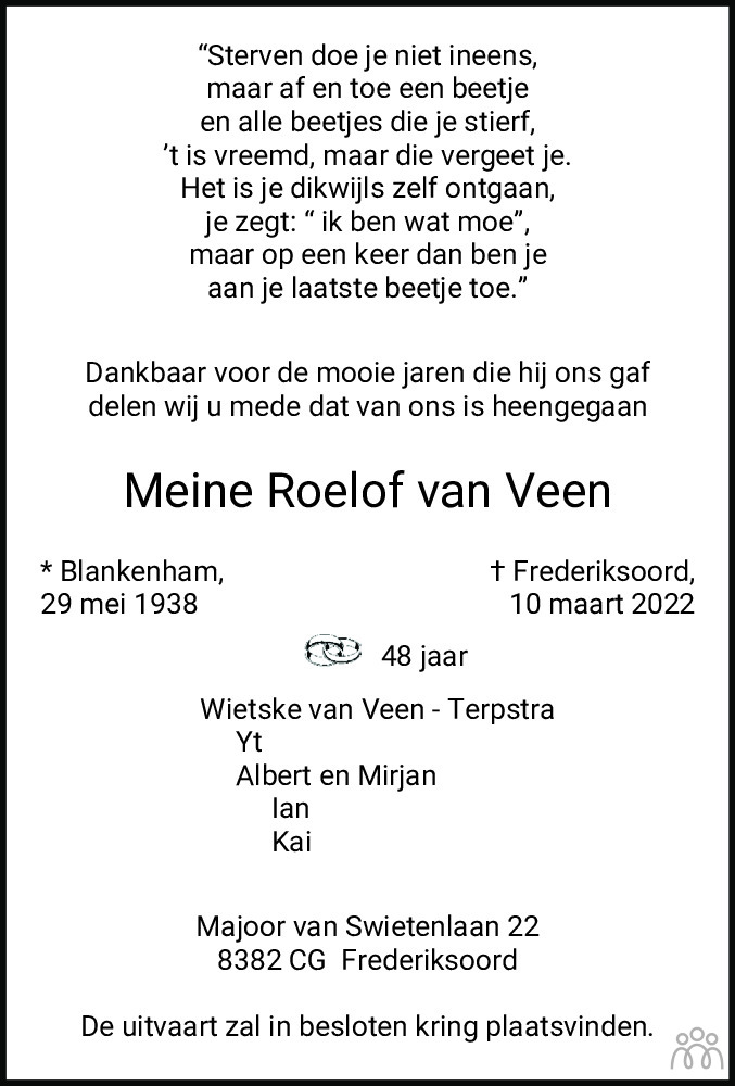 Meine Roelof Van Veen 10 03 2022 Overlijdensbericht En Condoleances