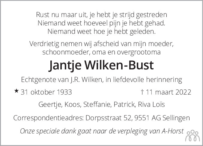 Jantje Wilken Bust 11 03 2022 Overlijdensbericht En Condoleances
