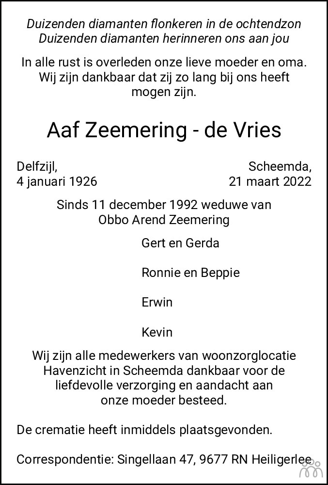 Aaf Zeemering De Vries Overlijdensbericht En Condoleances