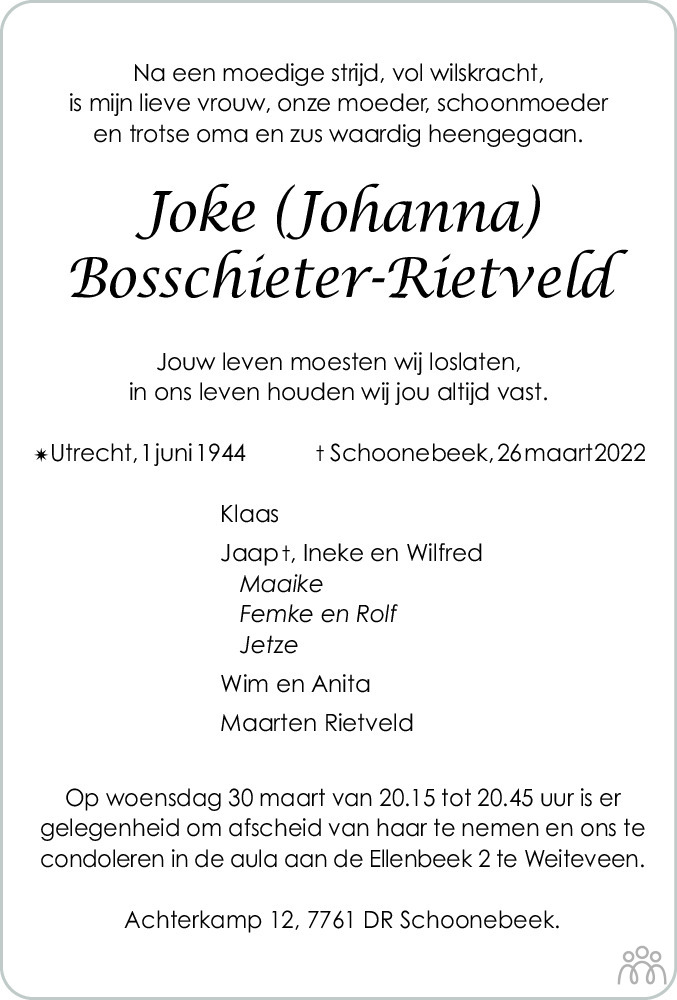 Joke Johanna Bosschieter Rietveld 26 03 2022 Overlijdensbericht En